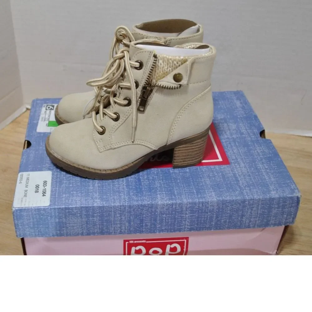 Pop Girl's Venti Block Heel Lace Up Boots Bone Color Size 11M